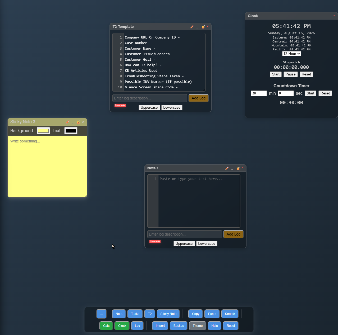 An early version of CB App: dark blue background, a T2 template window with ten numbered fields, a yellow sticky note, an empty note, a clock with four US timezones, and a toolbar of blue and green buttons along the bottom.