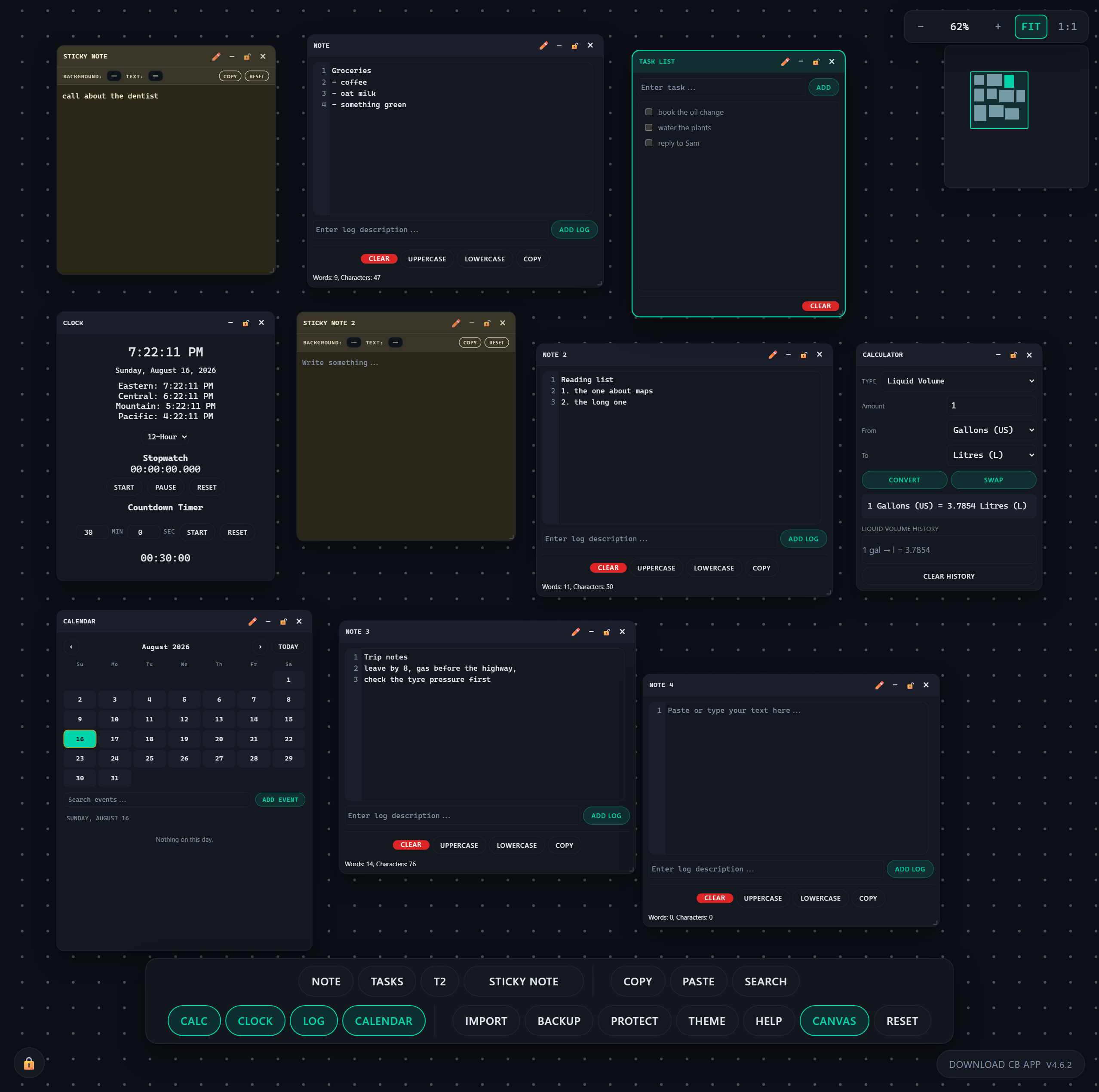 CB App's canvas mode zoomed out to 62 percent, showing ten windows — notes, sticky notes, a clock, a calendar, a task list and a calculator converting gallons to litres — spread across a large dotted workspace, with a minimap in the top-right corner.