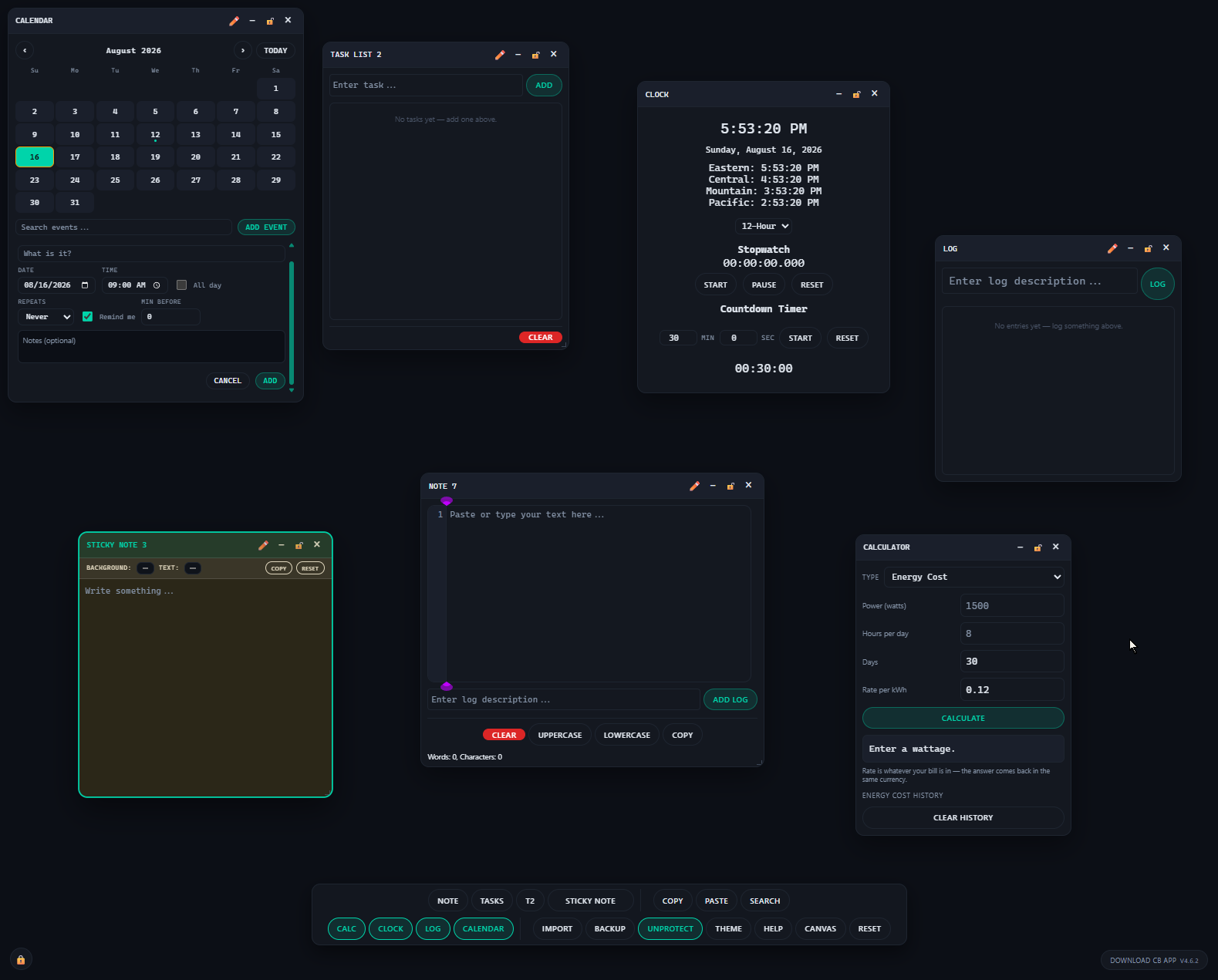 CB App v4.6 on a desktop: a calendar window with an event form open, a task list, a clock, a log, a note, a green sticky note, and a calculator set to Energy Cost, arranged freely with a toolbar centred along the bottom.