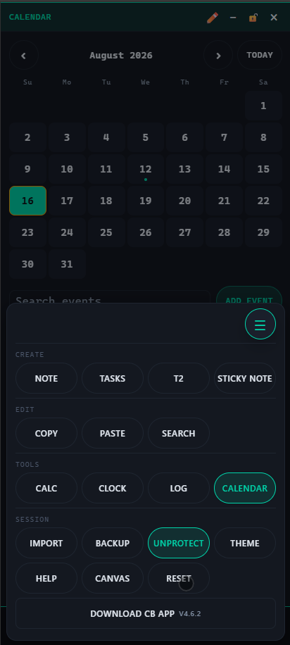 CB App on a phone: the calendar filling the screen behind the toolbar sheet, which is open from the bottom and lists its buttons under the headings Create, Edit, Tools and Session, with a Download CB App row at the bottom.