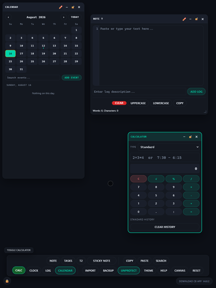 CB App on a tablet in portrait: a tall calendar window on the left, a note top-right, and a calculator below it, all draggable, with the full toolbar wrapped onto two rows along the bottom.