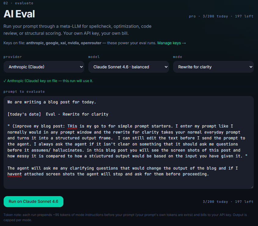 The Prompt Composer Eval screen in 'Rewrite for clarity' mode, with a long, informal, unstructured prompt typed into the input box.