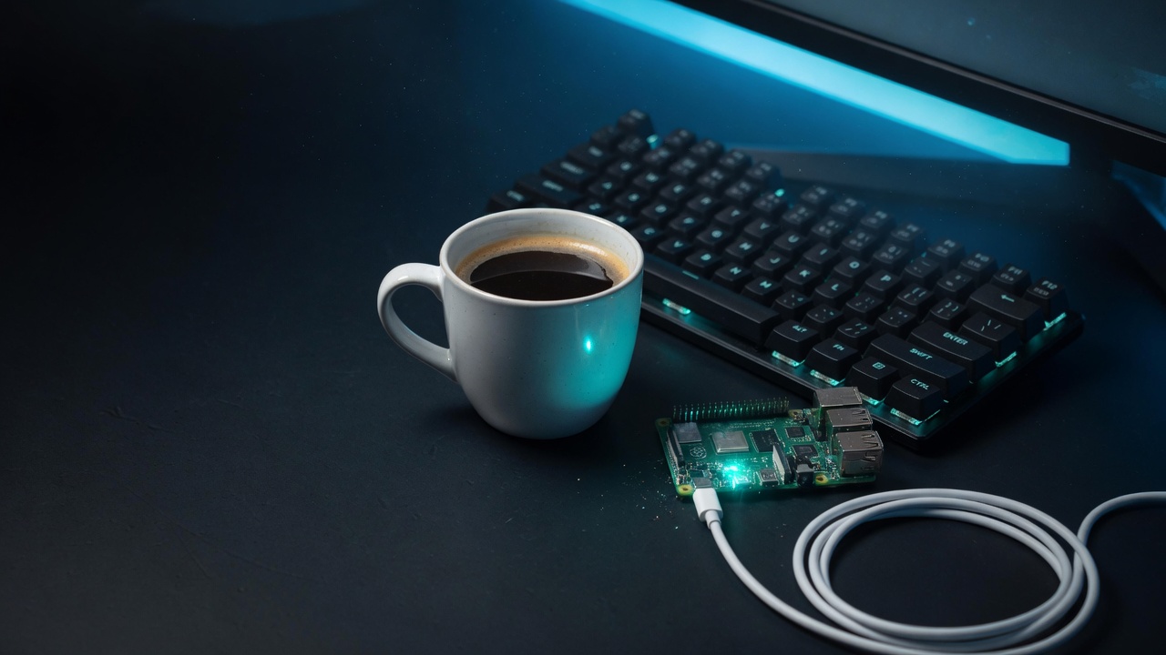 A late-night coffee mug on a dark desk beside a mechanical keyboard and a glowing Raspberry Pi